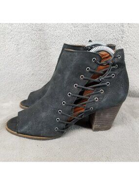 Lucky Brand Shoes Womens Size 8 Hartlee Black Leather Lace Up Open Toe Bootie